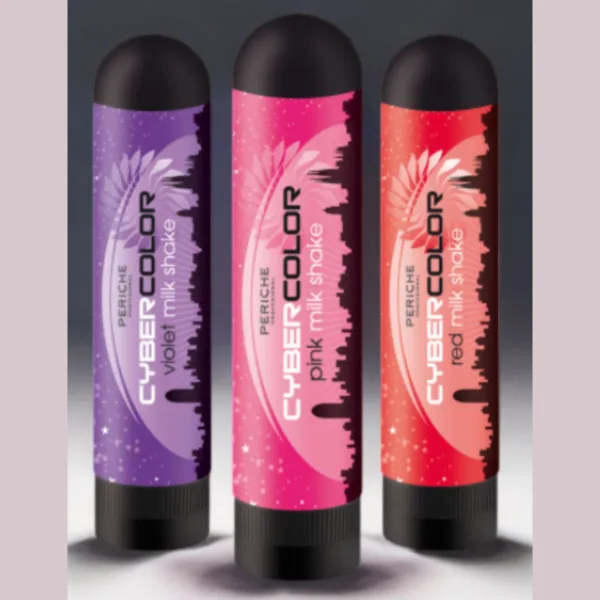 La imagen muestra 3 tubos de tinte color fantasía con etiquetas morada, roja y rosada que dice cybercolors.